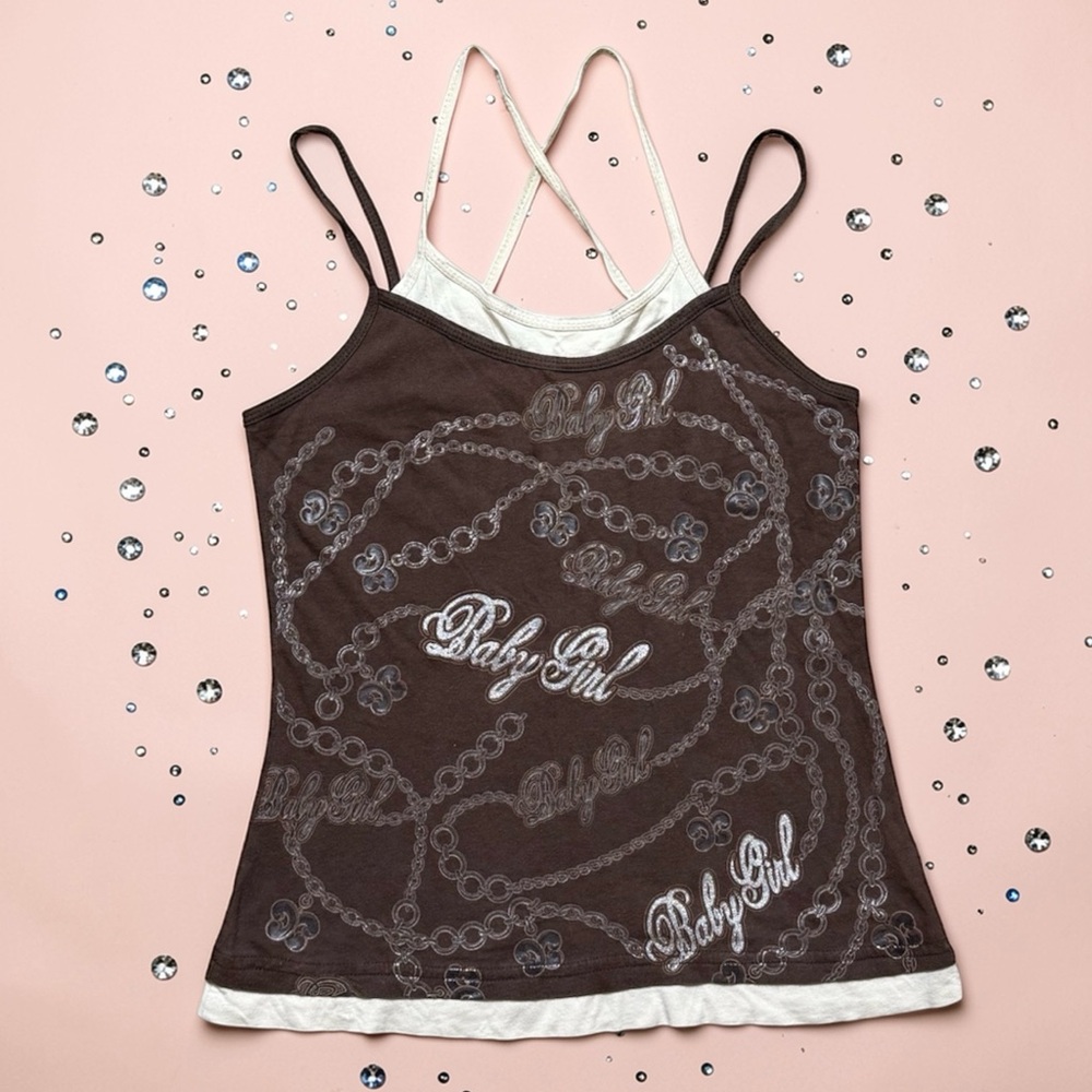 90s Vintage “Baby Girl” Tank Top Shirt Cami Glitter Chain M Medium
